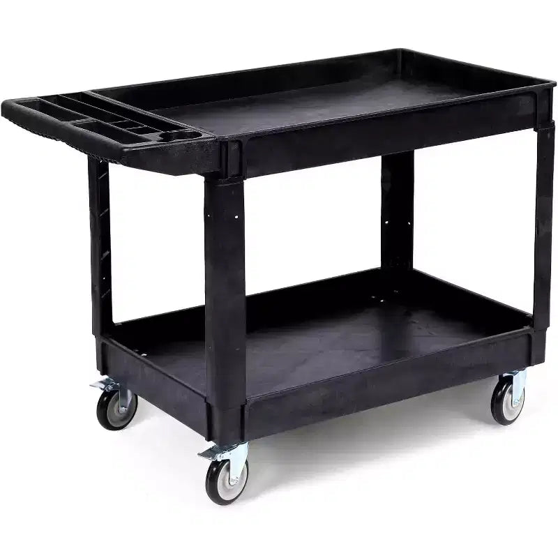 2 Tier PP Service Cart, Rolling Utility Cart Shelf with 360Swivel Wheels, 550LBS, Storage Handle, for Warehouse/Vegetables/Cleaning, Black