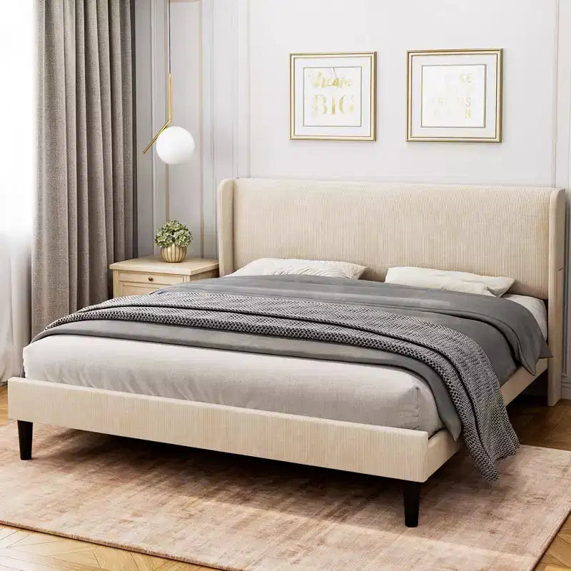 Cadre de lit Whizmax avec tête de lit capitonnée, cadre de lit rembourré avec lattes en bois, pieds de support robustes, aucun sommier tapissier requis, montage facile