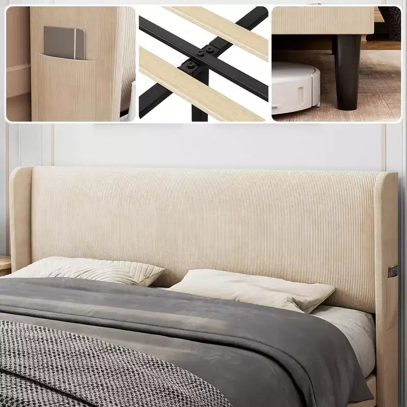 Cadre de lit Whizmax avec tête de lit capitonnée, cadre de lit rembourré avec lattes en bois, pieds de support robustes, aucun sommier tapissier requis, montage facile