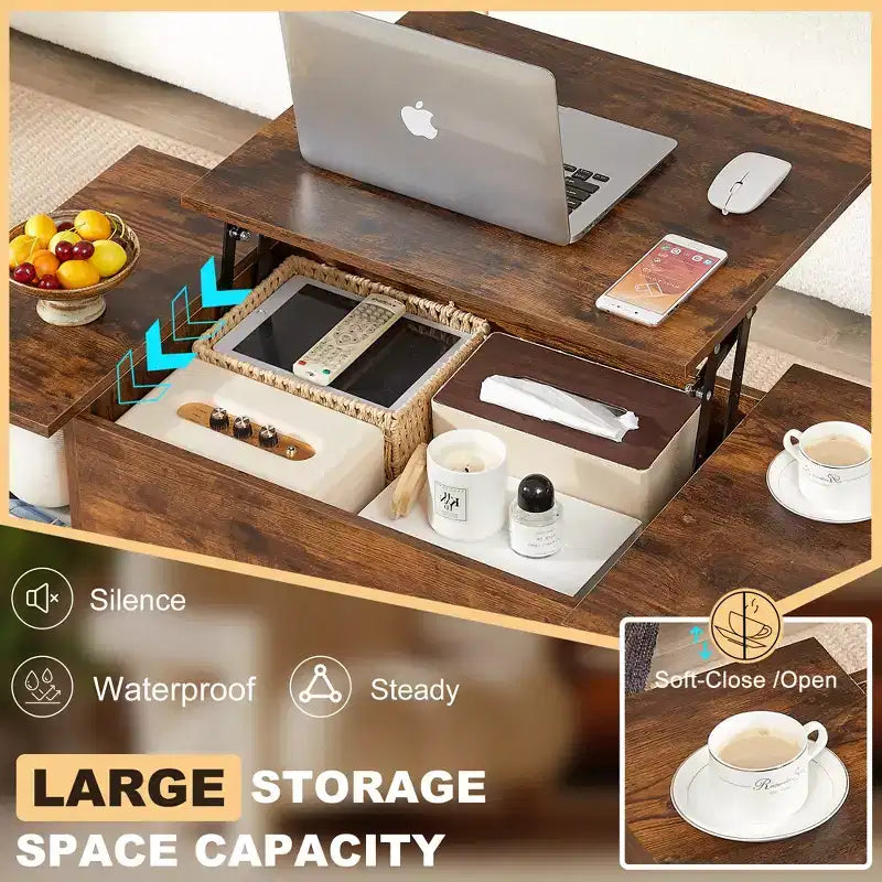 Table basse relevable VECELO 42 po et 2 tables de chevet, compartiment de rangement caché et 2 étagères de rangement, table d'appoint/bout de canapé avec porte, marron