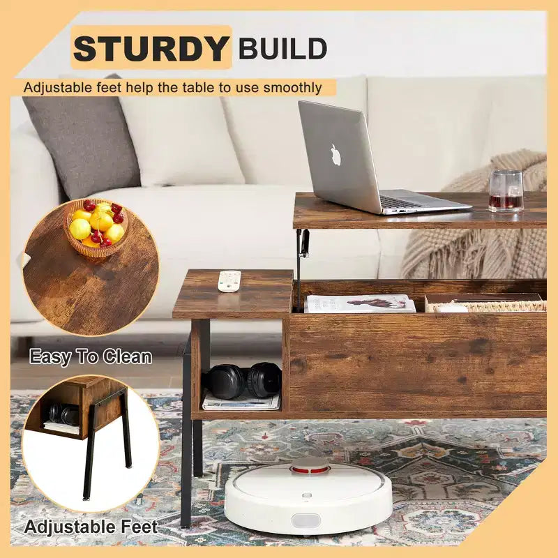 Table basse relevable VECELO 42 po et 2 tables de chevet, compartiment de rangement caché et 2 étagères de rangement, table d'appoint/bout de canapé avec porte, marron