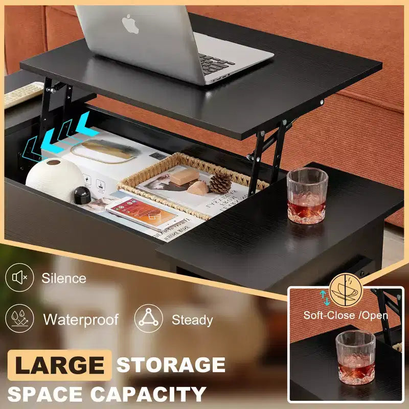 Table basse relevable VECELO 42 po et 2 tables de chevet, compartiment de rangement caché et 2 étagères de rangement, table d'appoint/bout de canapé avec porte, marron