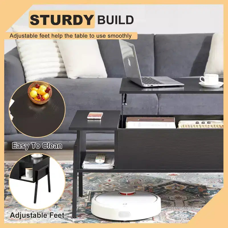 Table basse relevable VECELO 42 po et 2 tables de chevet, compartiment de rangement caché et 2 étagères de rangement, table d'appoint/bout de canapé avec porte, marron