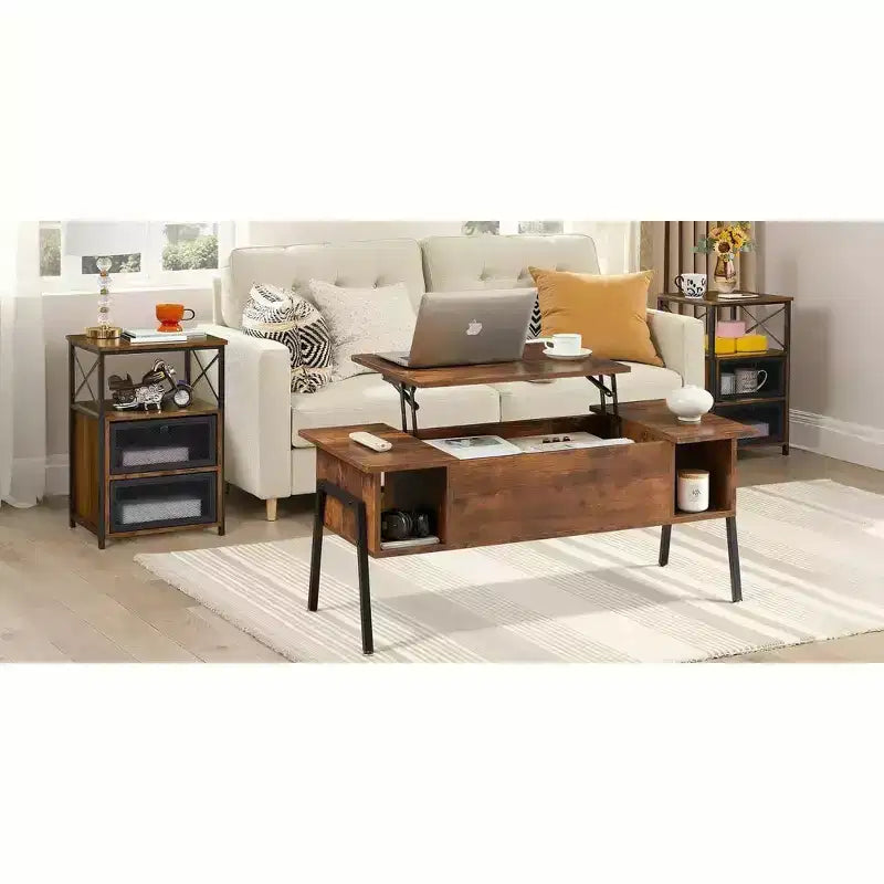 Table basse relevable VECELO 42 po et 2 tables de chevet, compartiment de rangement caché et 2 étagères de rangement, table d'appoint/bout de canapé avec porte, marron