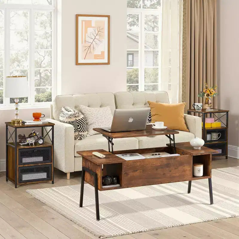 Table basse relevable VECELO 42 po et 2 tables de chevet, compartiment de rangement caché et 2 étagères de rangement, table d'appoint/bout de canapé avec porte, marron