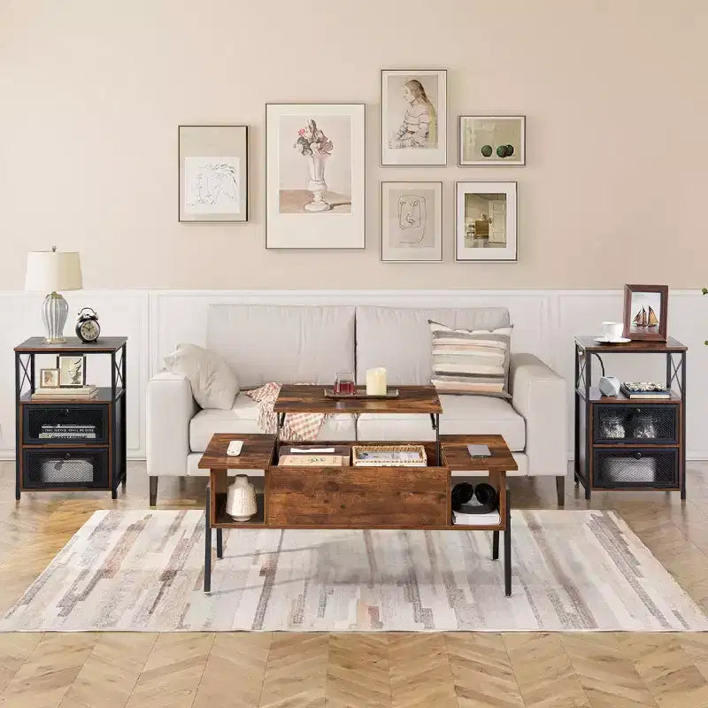 Table basse relevable VECELO 42 po et 2 tables de chevet, compartiment de rangement caché et 2 étagères de rangement, table d'appoint/bout de canapé avec porte, marron