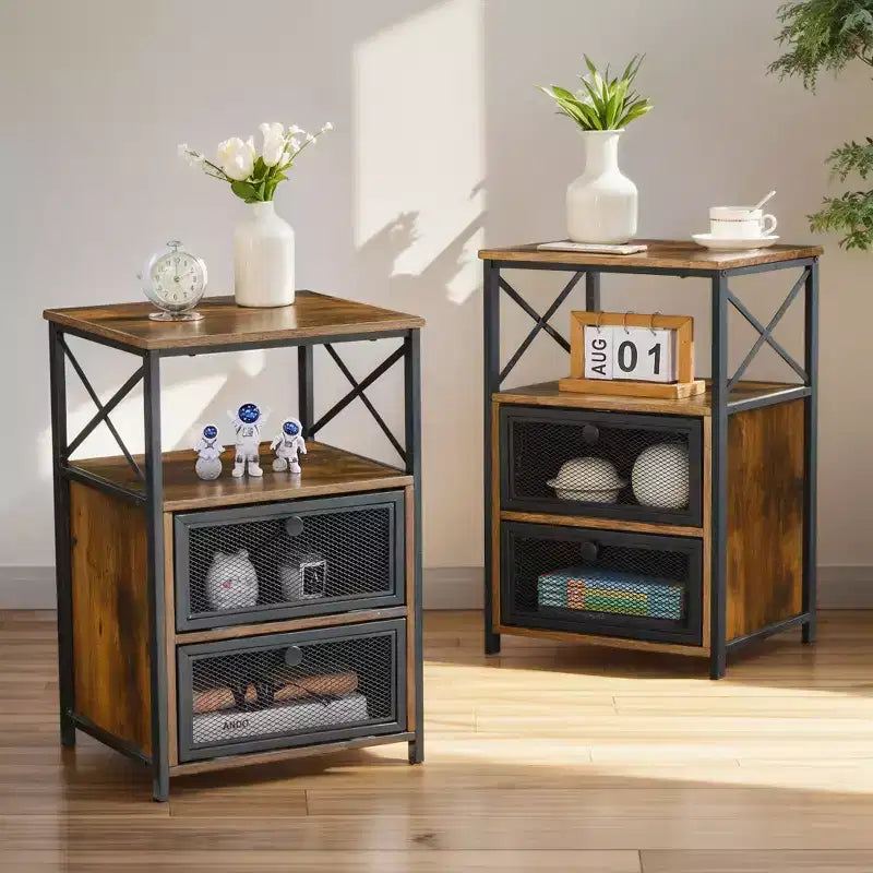 Table basse relevable VECELO 42 po et 2 tables de chevet, compartiment de rangement caché et 2 étagères de rangement, table d'appoint/bout de canapé avec porte, marron