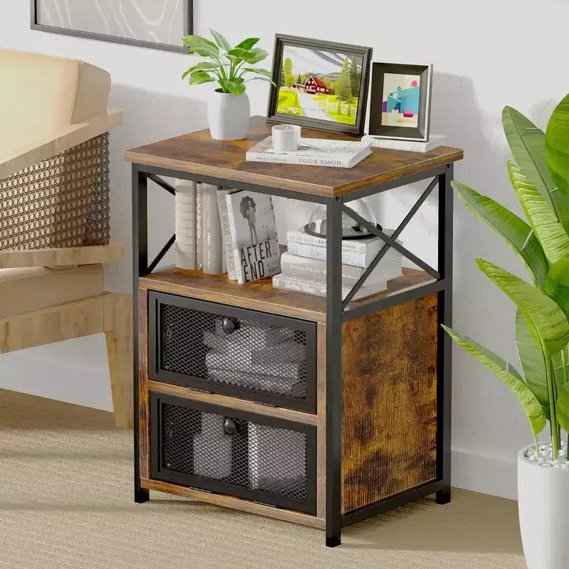 Table basse relevable VECELO 42 po et 2 tables de chevet, compartiment de rangement caché et 2 étagères de rangement, table d'appoint/bout de canapé avec porte, marron