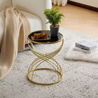 Elegant Modern Hourglass Side Table with Black Glass Top and Gold Metal Base