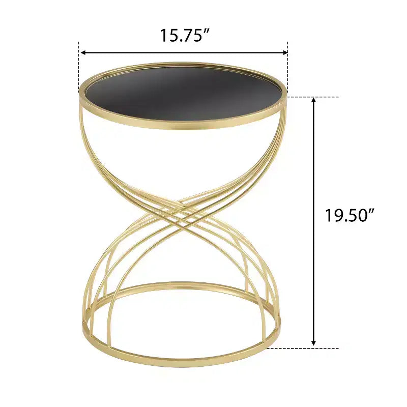 Table d'appoint sablier moderne et élégante avec plateau en verre noir et base en métal doré