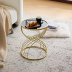 Table d'appoint sablier moderne et élégante avec plateau en verre noir et base en métal doré