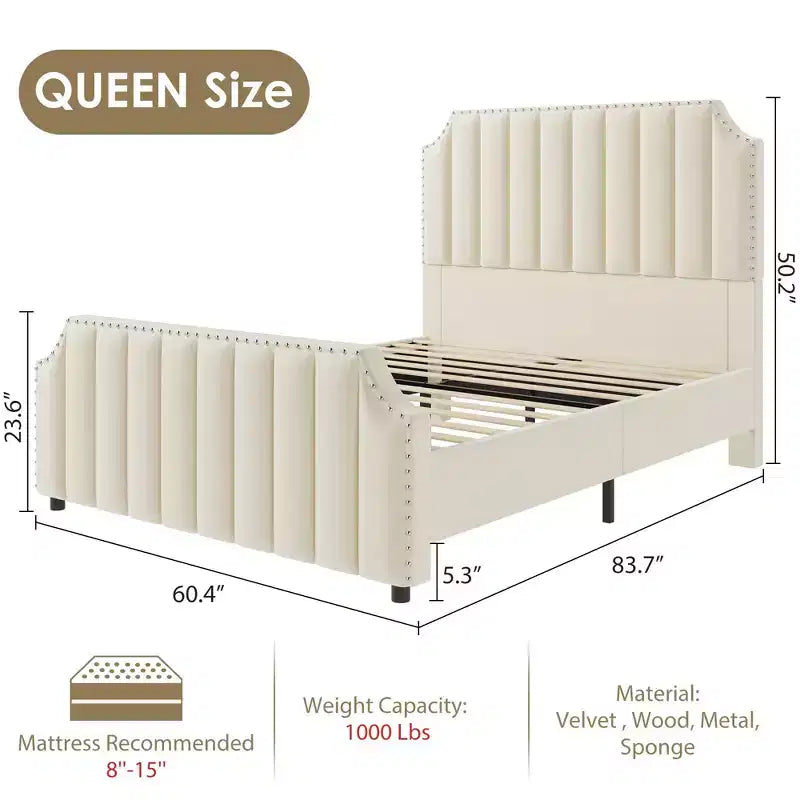 Cadre de lit en velours Whizmax, tête de lit capitonnée de 127,5 cm, pied de lit avec garniture cloutée, sommier tapissier non requis, lattes en bois massif, silencieux
