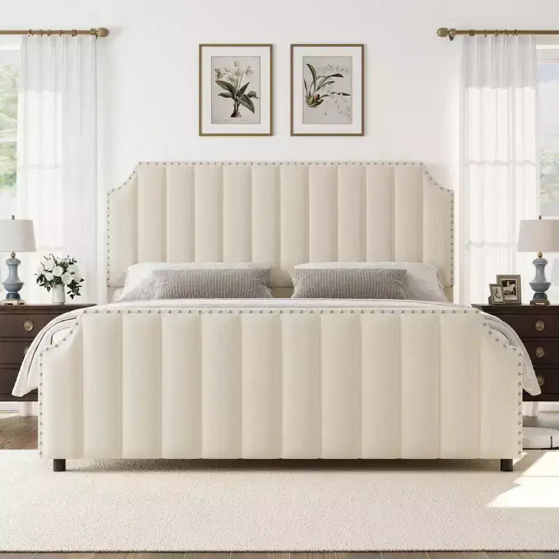 Cadre de lit en velours Whizmax, tête de lit capitonnée de 127,5 cm, pied de lit avec garniture cloutée, sommier tapissier non requis, lattes en bois massif, silencieux