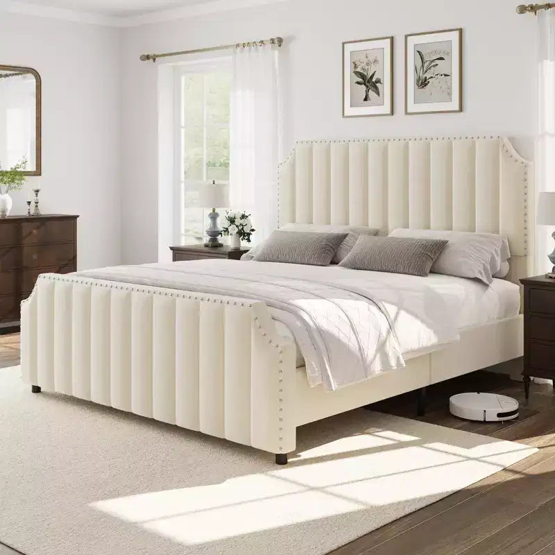 Cadre de lit en velours Whizmax, tête de lit capitonnée de 127,5 cm, pied de lit avec garniture cloutée, sommier tapissier non requis, lattes en bois massif, silencieux