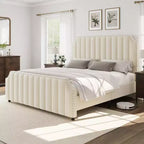 Cadre de lit en velours Whizmax, tête de lit capitonnée de 127,5 cm, pied de lit avec garniture cloutée, sommier tapissier non requis, lattes en bois massif, silencieux