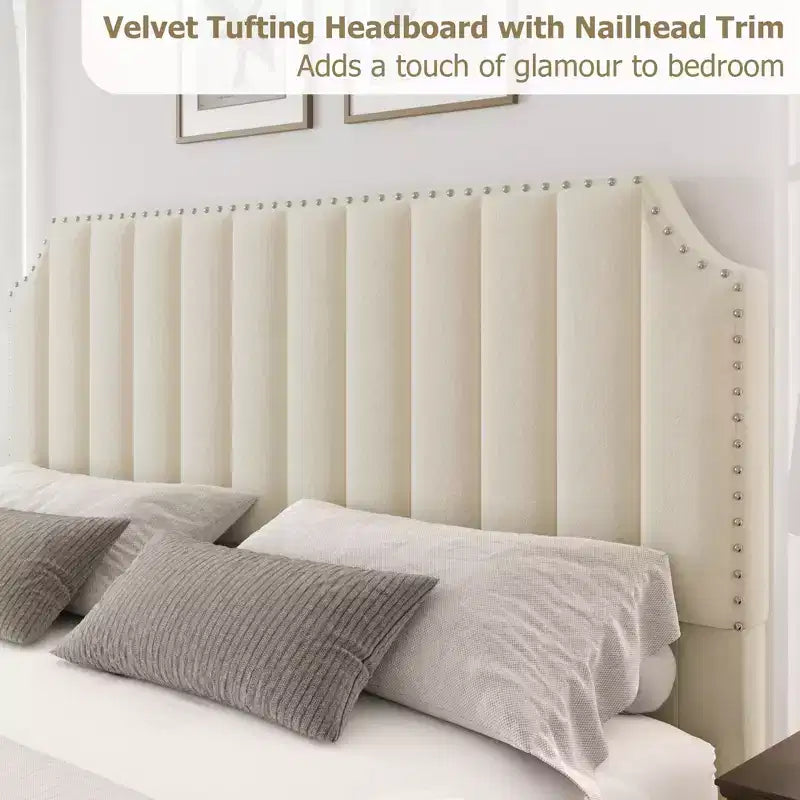 Cadre de lit en velours Whizmax, tête de lit capitonnée de 127,5 cm, pied de lit avec garniture cloutée, sommier tapissier non requis, lattes en bois massif, silencieux