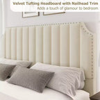 Cadre de lit en velours Whizmax, tête de lit capitonnée de 127,5 cm, pied de lit avec garniture cloutée, sommier tapissier non requis, lattes en bois massif, silencieux
