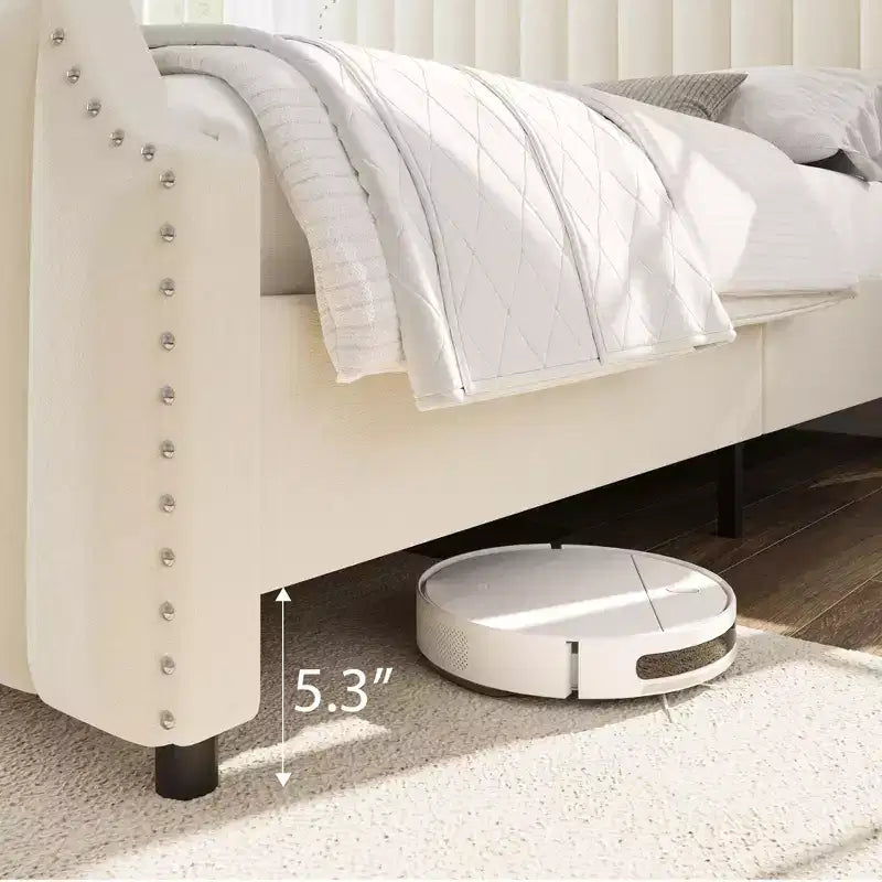 Cadre de lit en velours Whizmax, tête de lit capitonnée de 127,5 cm, pied de lit avec garniture cloutée, sommier tapissier non requis, lattes en bois massif, silencieux