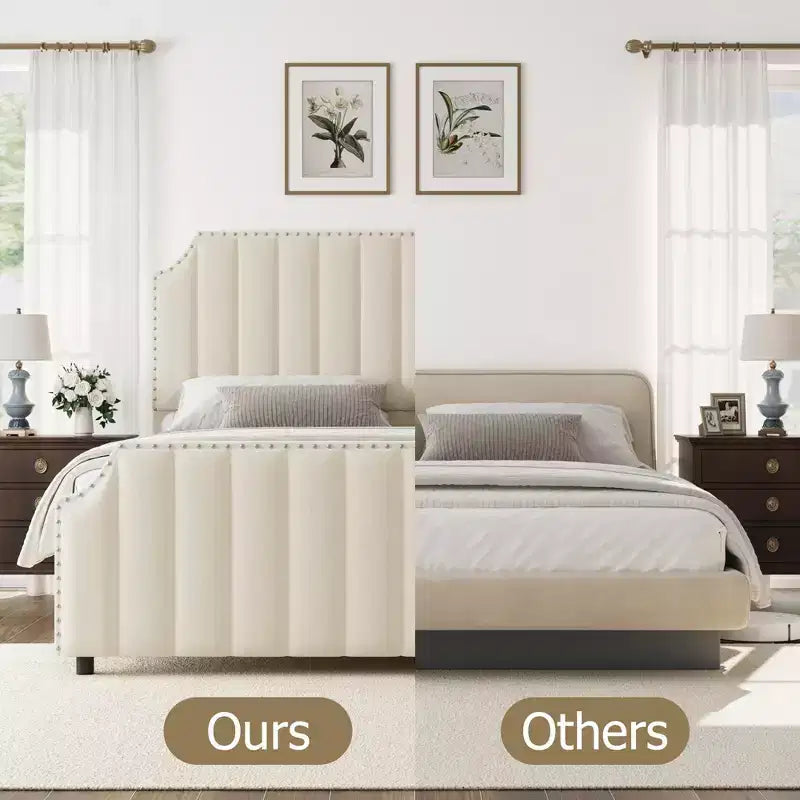 Cadre de lit en velours Whizmax, tête de lit capitonnée de 127,5 cm, pied de lit avec garniture cloutée, sommier tapissier non requis, lattes en bois massif, silencieux
