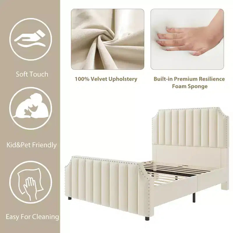 Cadre de lit en velours Whizmax, tête de lit capitonnée de 127,5 cm, pied de lit avec garniture cloutée, sommier tapissier non requis, lattes en bois massif, silencieux