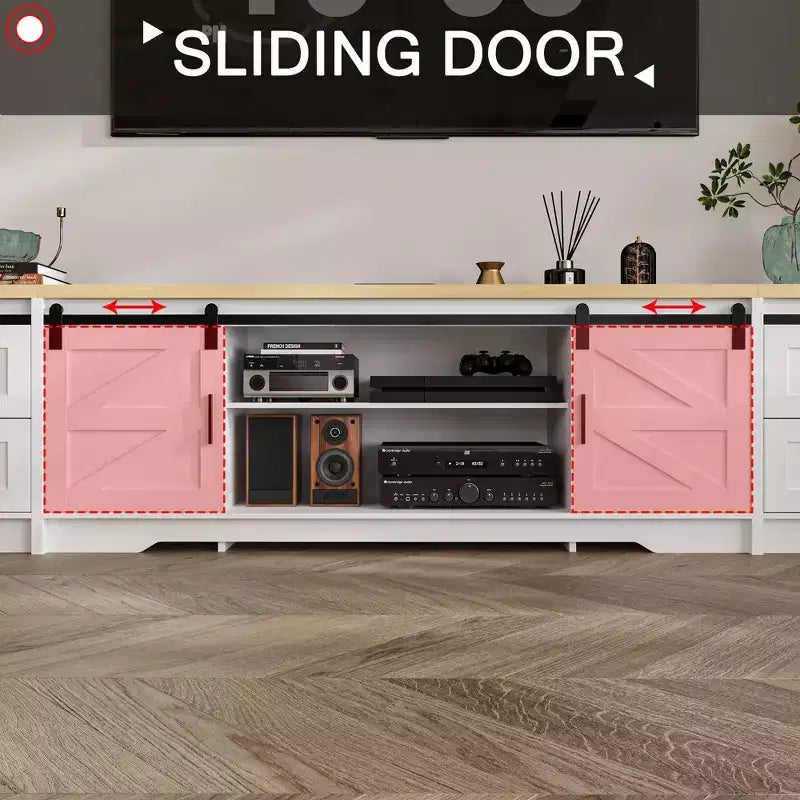 Meuble TV de style ferme moderne Famapy avec portes coulissantes à motifs croisés et grand espace de rangement - Idéal pour l'organisation et la décoration du salon