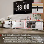 Meuble TV de style ferme moderne Famapy avec portes coulissantes à motifs croisés et grand espace de rangement - Idéal pour l'organisation et la décoration du salon