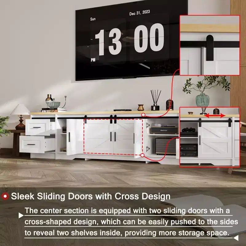 Meuble TV de style ferme moderne Famapy avec portes coulissantes à motifs croisés et grand espace de rangement - Idéal pour l'organisation et la décoration du salon