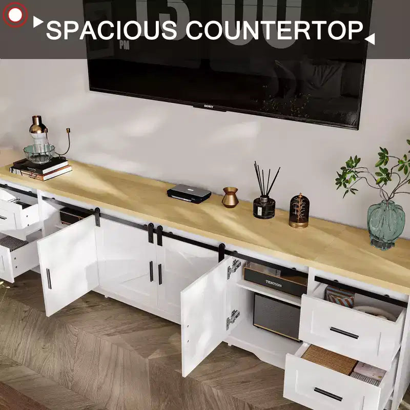 Meuble TV de style ferme moderne Famapy avec portes coulissantes à motifs croisés et grand espace de rangement - Idéal pour l'organisation et la décoration du salon