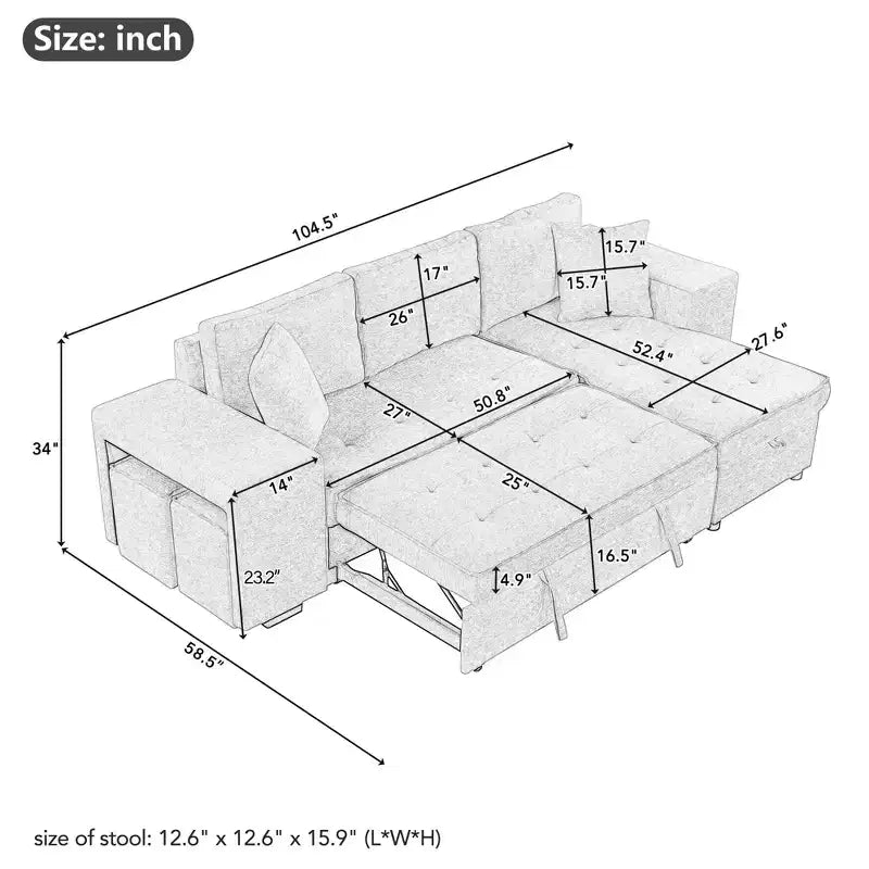 Sectionnel réversible en L de 104,5 po avec chaise longue de rangement et 2 poufs – Canapé-lit convertible 3 places pour salon