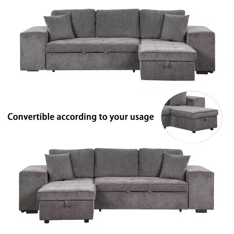 Sectionnel réversible en L de 104,5 po avec chaise longue de rangement et 2 poufs – Canapé-lit convertible 3 places pour salon