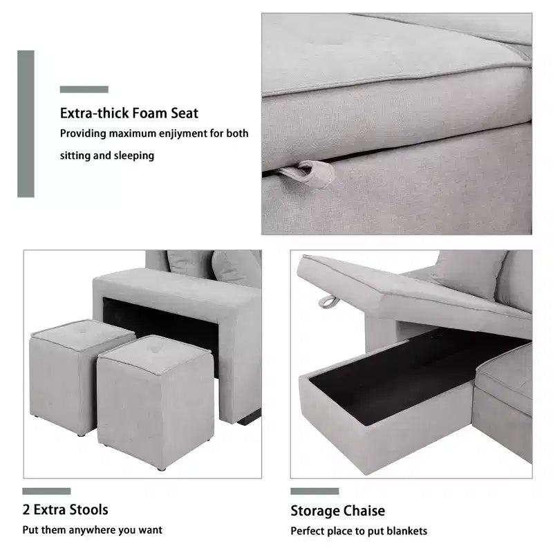 Sectionnel réversible en L de 104,5 po avec chaise longue de rangement et 2 poufs – Canapé-lit convertible 3 places pour salon