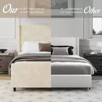 Lit plateforme tapissier Queen/King Size avec tête de lit haute à oreilles et pied de lit haut, velours côtelé, crème/taupe-ModernLuxe