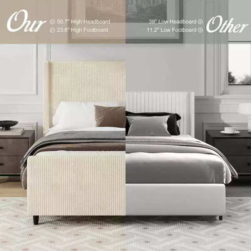 Lit plateforme tapissier Queen/King Size avec tête de lit haute à oreilles et pied de lit haut, velours côtelé, crème/taupe-ModernLuxe