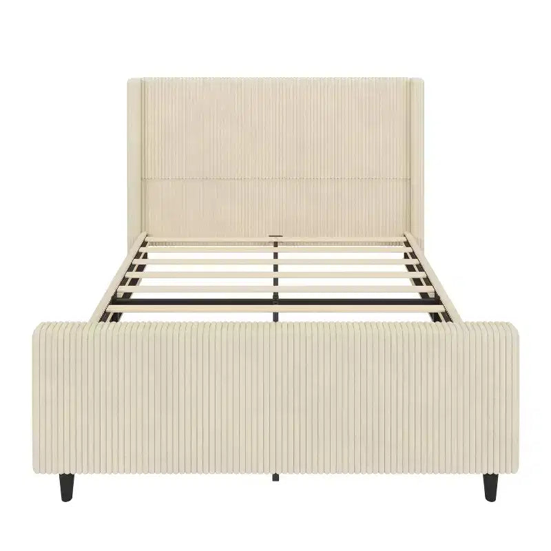 Lit plateforme tapissier Queen/King Size avec tête de lit haute à oreilles et pied de lit haut, velours côtelé, crème/taupe-ModernLuxe