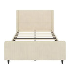 Lit plateforme tapissier Queen/King Size avec tête de lit haute à oreilles et pied de lit haut, velours côtelé, crème/taupe-ModernLuxe