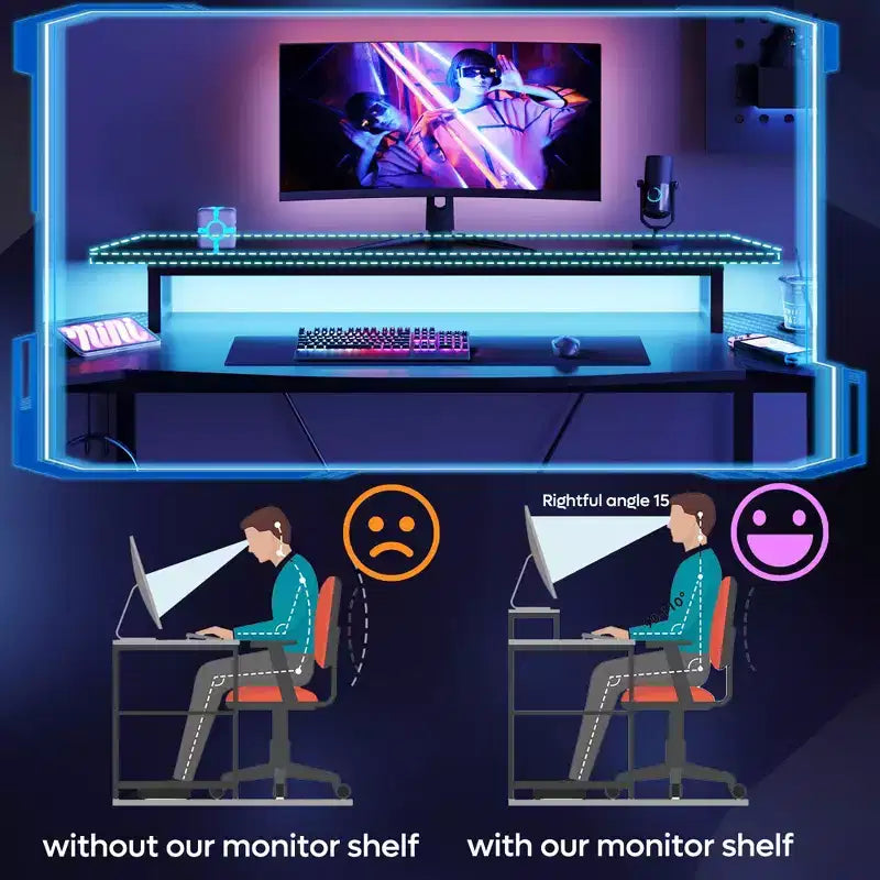 Bestier 63 Bureau de gaming avec lumière LED et support pour écran, bureau d'ordinateur avec porte-gobelet et crochet pour casque, poste de travail de gamer moderne pour bureau à domicile, noir