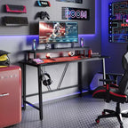 Bestier 63 Bureau de gaming avec lumière LED et support pour écran, bureau d'ordinateur avec porte-gobelet et crochet pour casque, poste de travail de gamer moderne pour bureau à domicile, noir