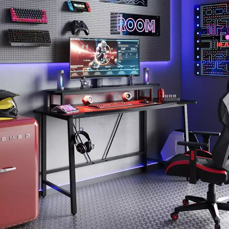 Bestier 63 Bureau de gaming avec lumière LED et support pour écran, bureau d'ordinateur avec porte-gobelet et crochet pour casque, poste de travail de gamer moderne pour bureau à domicile, noir