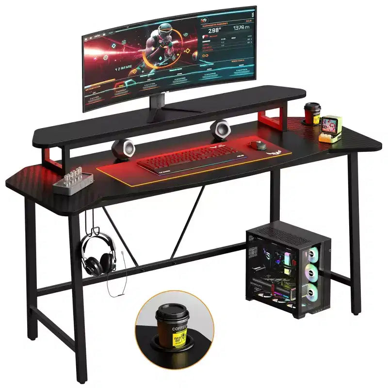 Bestier 63 Bureau de gaming avec lumière LED et support pour écran, bureau d'ordinateur avec porte-gobelet et crochet pour casque, poste de travail de gamer moderne pour bureau à domicile, noir
