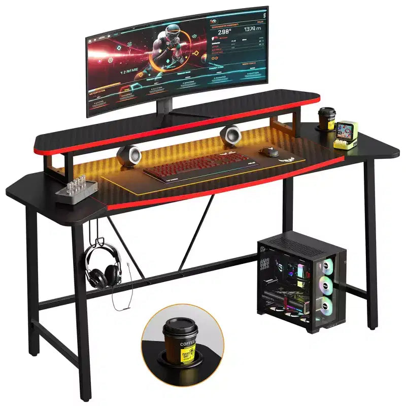 Bestier 63 Bureau de gaming avec lumière LED et support pour écran, bureau d'ordinateur avec porte-gobelet et crochet pour casque, poste de travail de gamer moderne pour bureau à domicile, noir