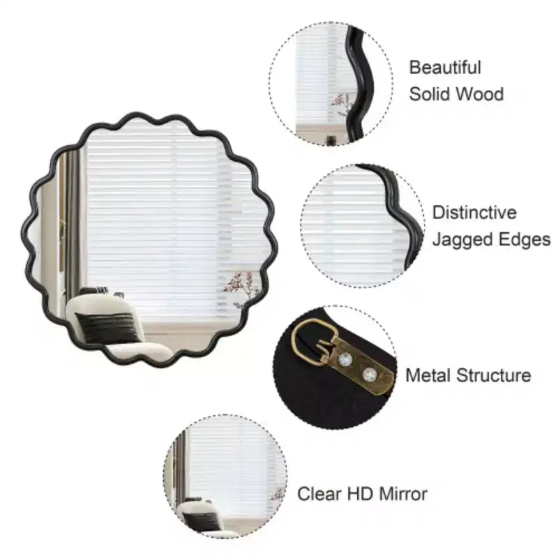 Miroir ondulé en bois massif 42 x 42 - Miroir mural de courtoisie noir pour salle de bain, chambre, salon, salle à manger