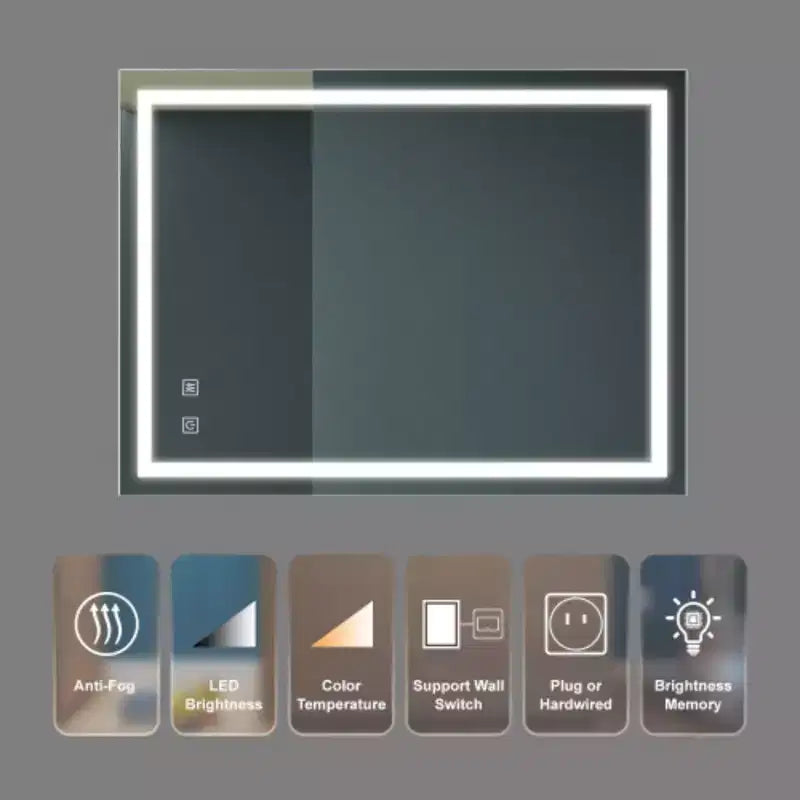 Miroir de vanité de salle de bain LED 32x24 pouces Classique avec cadre lumineux, haute luminosité, tactile dimmable, contrôle par interrupteur mural