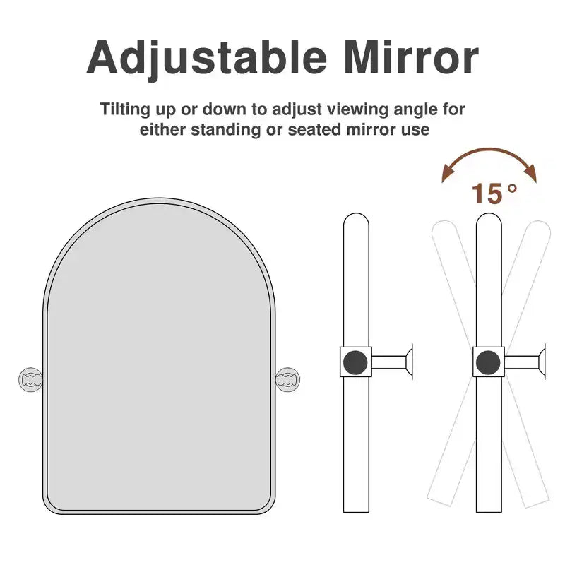 Miroir mural rotatif noir avec design arqué aux coins arrondis, quincaillerie en fer forgé