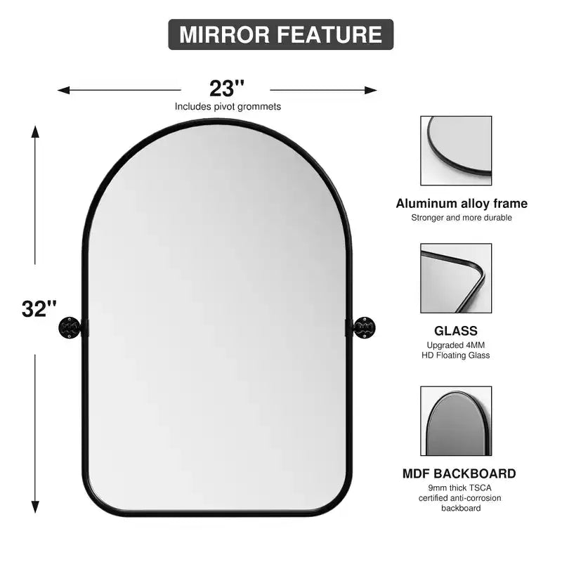 Miroir mural rotatif noir avec design arqué aux coins arrondis, quincaillerie en fer forgé
