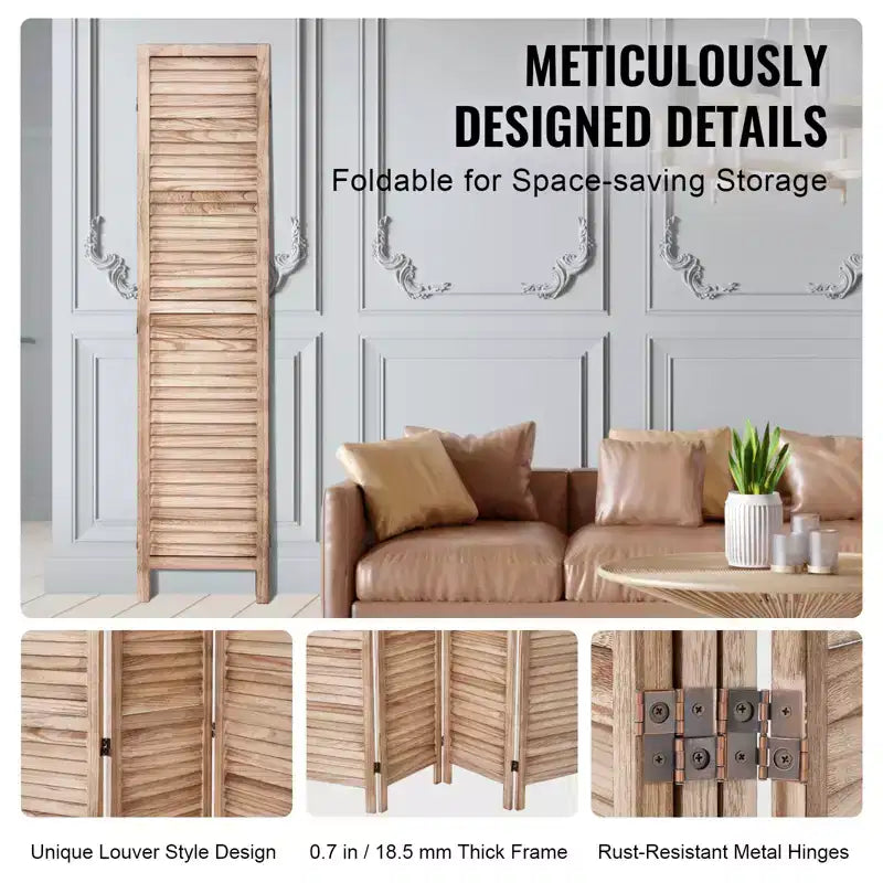 Paravent en bois 4 panneaux VEVOR, Cloison d'intimité pliable en bois, Séparateur de pièce intérieur à persiennes de 170 cm de haut, Écran de décoration portable