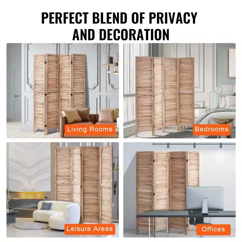 Paravent en bois 4 panneaux VEVOR, Cloison d'intimité pliable en bois, Séparateur de pièce intérieur à persiennes de 170 cm de haut, Écran de décoration portable