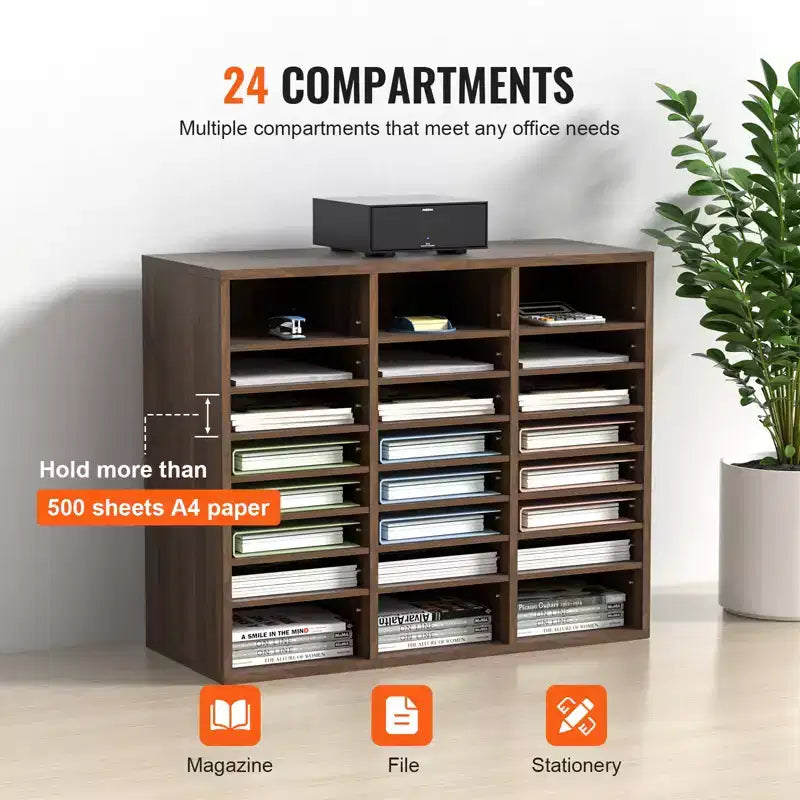 Organiseurs de Documents VEVOR, Casier de Bureau 24 Compartiments avec Étagères Réglables, Trieur de Documents en Bois 73,6 x 30,5 x 62 cm, Certifié EPA