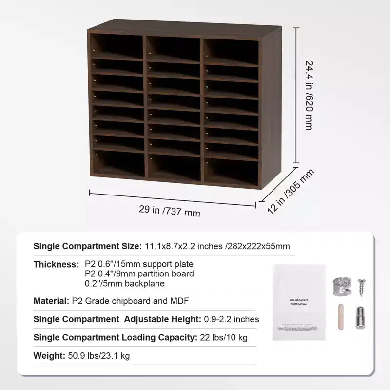 Organiseurs de Documents VEVOR, Casier de Bureau 24 Compartiments avec Étagères Réglables, Trieur de Documents en Bois 73,6 x 30,5 x 62 cm, Certifié EPA