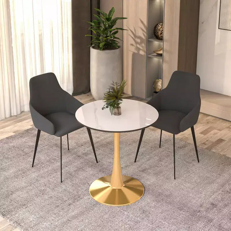 Table à manger ronde LeisureMod Bristol 24 - Plateau en pierre frittée et base en piédestal en acier doré robuste pour la cuisine et les petits espaces