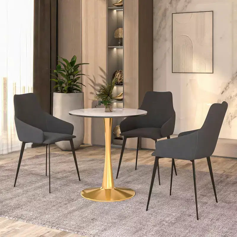 Table à manger ronde LeisureMod Bristol 24 - Plateau en pierre frittée et base en piédestal en acier doré robuste pour la cuisine et les petits espaces